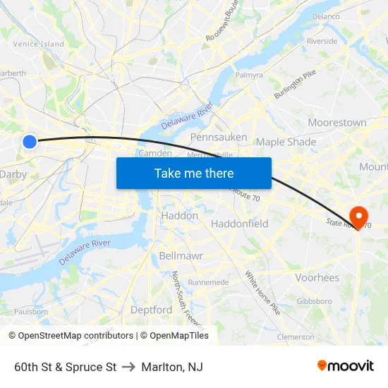60th St & Spruce St to Marlton, NJ map