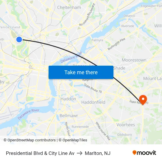 Presidential Blvd & City Line Av to Marlton, NJ map