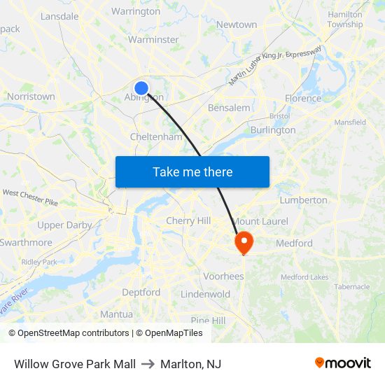 Willow Grove Park Mall to Marlton, NJ map