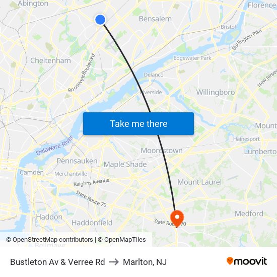 Bustleton Av & Verree Rd to Marlton, NJ map