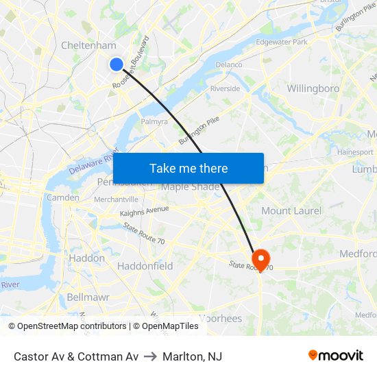 Castor Av & Cottman Av to Marlton, NJ map