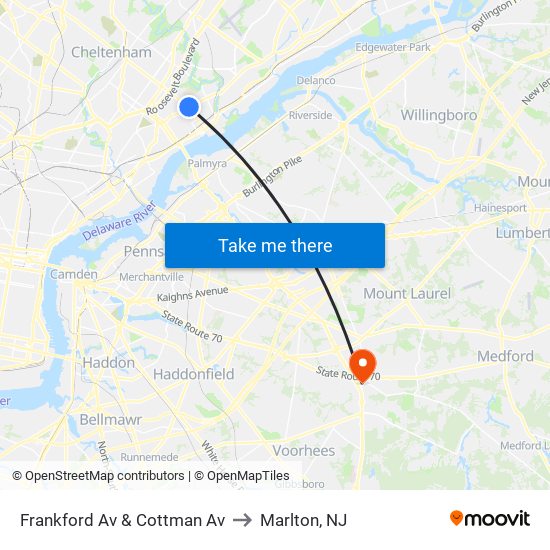 Frankford Av & Cottman Av to Marlton, NJ map