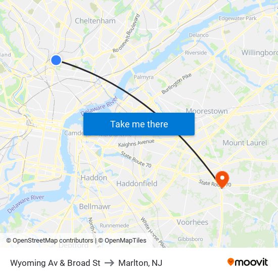 Wyoming Av & Broad St to Marlton, NJ map
