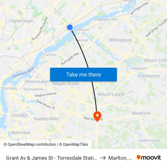 Grant Av & James St - Torresdale Station to Marlton, NJ map