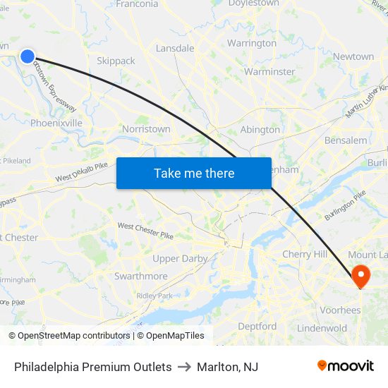 Philadelphia Premium Outlets to Marlton, NJ map
