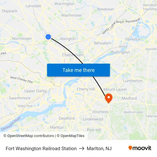 Fort Washington Railroad Station to Marlton, NJ map