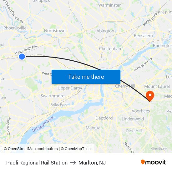 Paoli Regional Rail Station to Marlton, NJ map