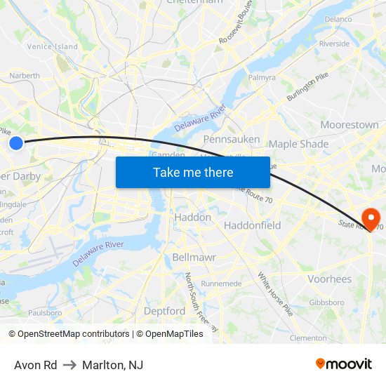 Avon Rd to Marlton, NJ map