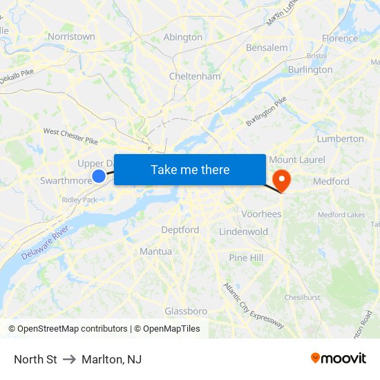 North St to Marlton, NJ map
