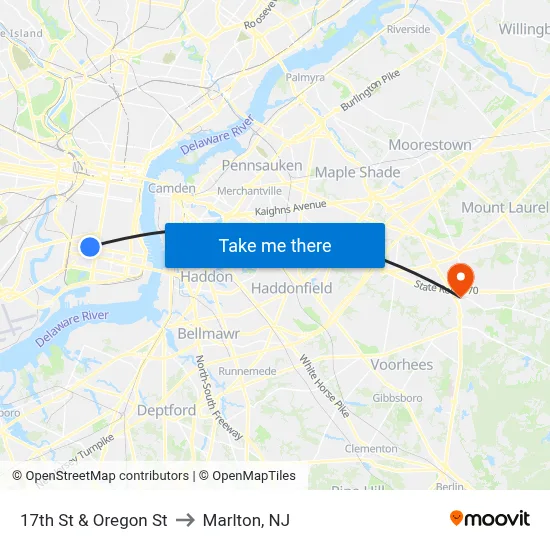 17th St & Oregon St to Marlton, NJ map
