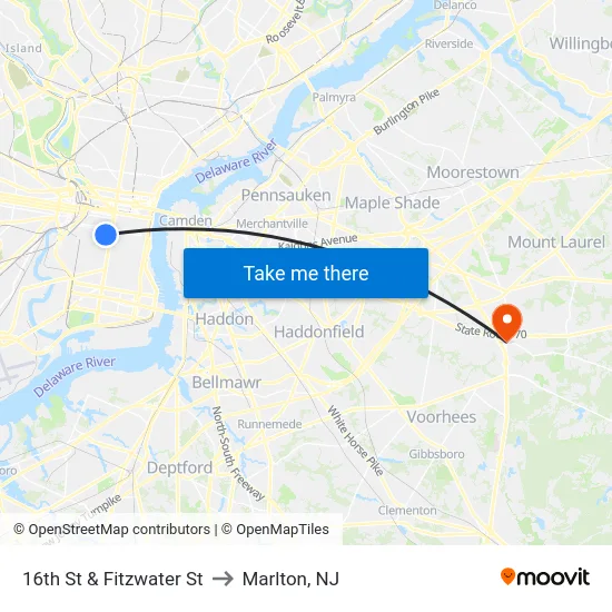 16th St & Fitzwater St to Marlton, NJ map