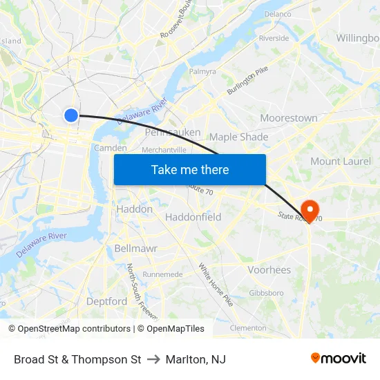 Broad St & Thompson St to Marlton, NJ map