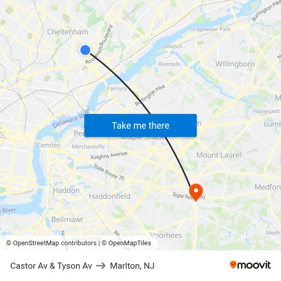 Castor Av & Tyson Av to Marlton, NJ map
