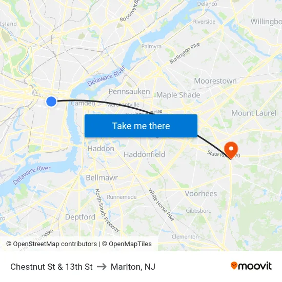 Chestnut St & 13th St to Marlton, NJ map