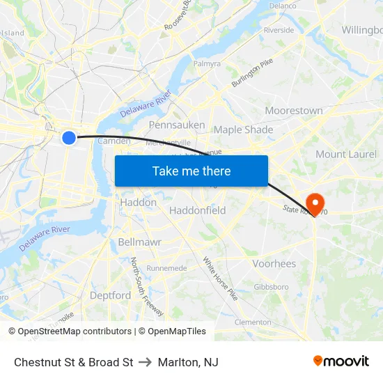 Chestnut St & Broad St to Marlton, NJ map