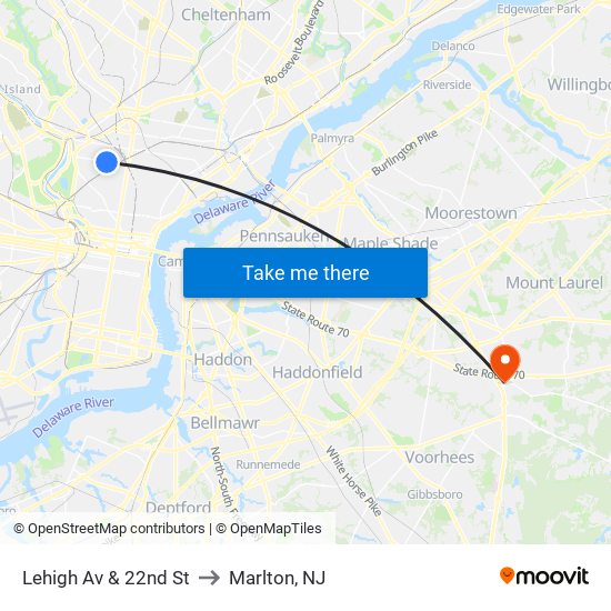 Lehigh Av & 22nd St to Marlton, NJ map