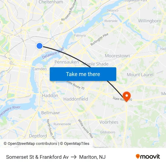 Somerset St & Frankford Av to Marlton, NJ map