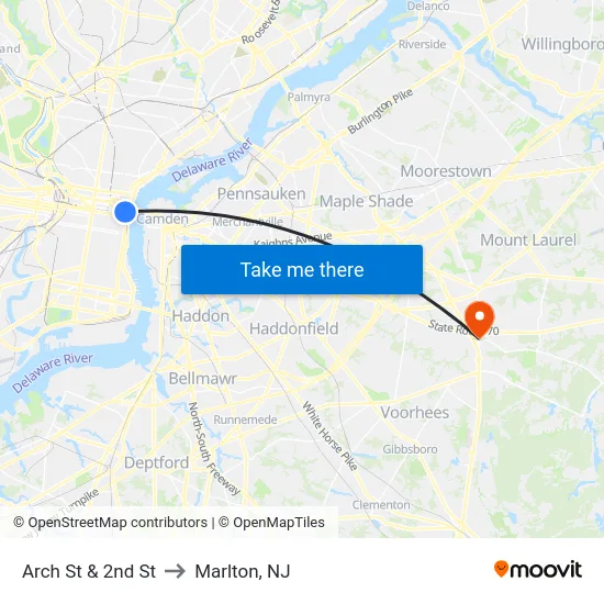 Arch St & 2nd St to Marlton, NJ map