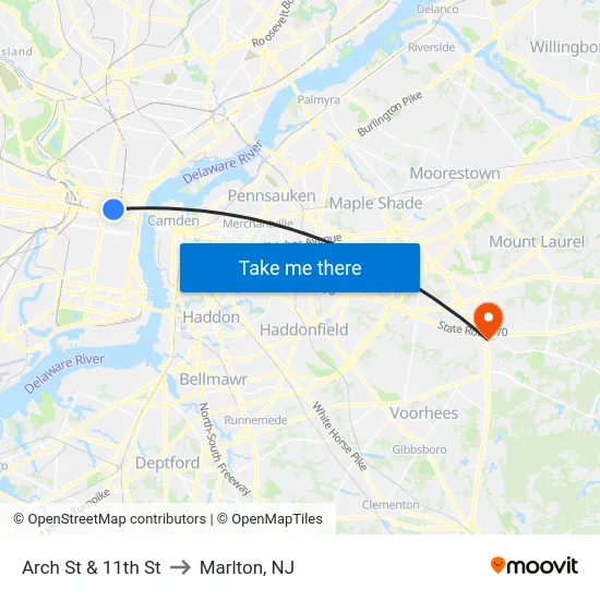 Arch St & 11th St to Marlton, NJ map