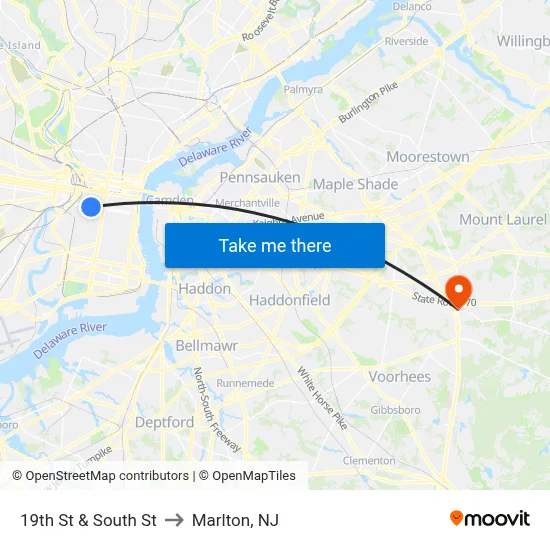 19th St & South St to Marlton, NJ map