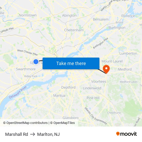 Marshall Rd to Marlton, NJ map