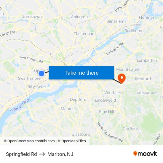 Springfield Rd to Marlton, NJ map