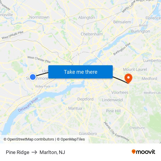 Pine Ridge to Marlton, NJ map