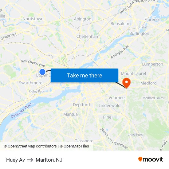 Huey Av to Marlton, NJ map