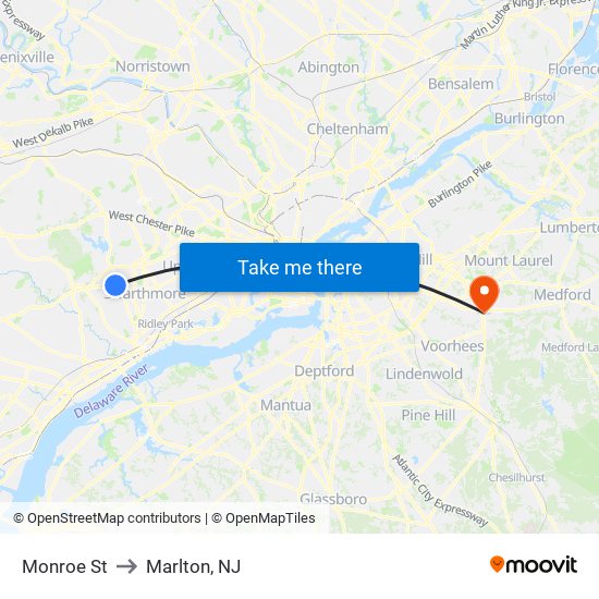 Monroe St to Marlton, NJ map