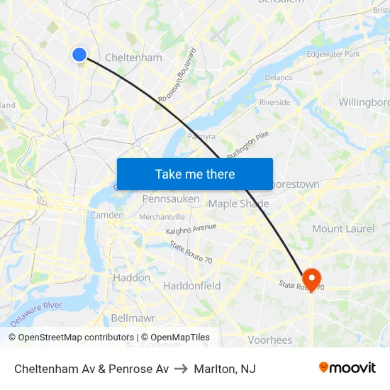 Cheltenham Av & Penrose Av to Marlton, NJ map