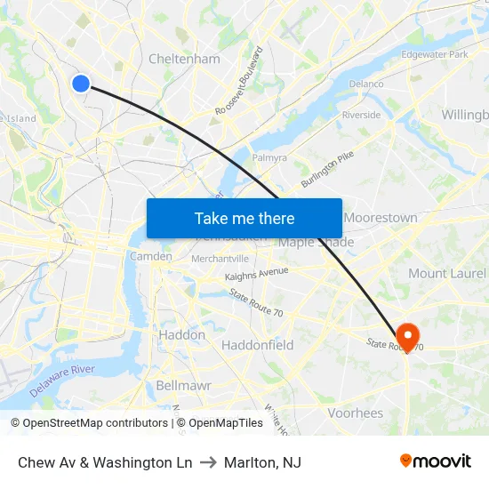 Chew Av & Washington Ln to Marlton, NJ map