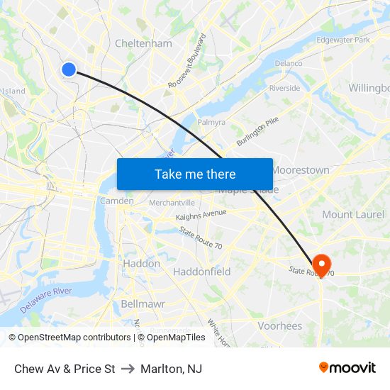Chew Av & Price St to Marlton, NJ map