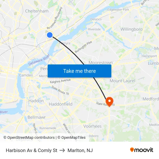 Harbison Av & Comly St to Marlton, NJ map