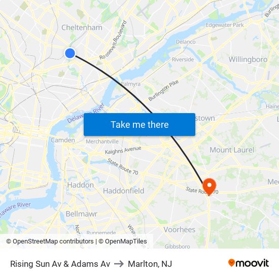 Rising Sun Av & Adams Av to Marlton, NJ map