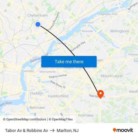 Tabor Av & Robbins Av to Marlton, NJ map