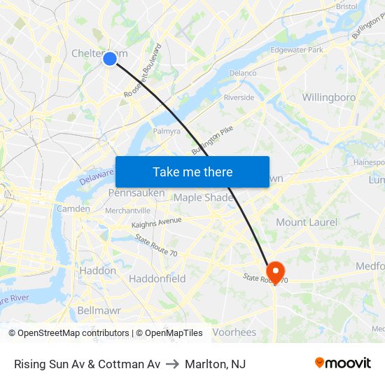 Rising Sun Av & Cottman Av to Marlton, NJ map