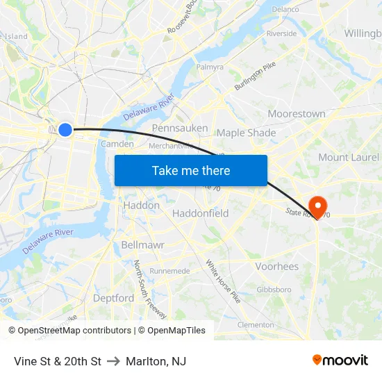 Vine St & 20th St to Marlton, NJ map