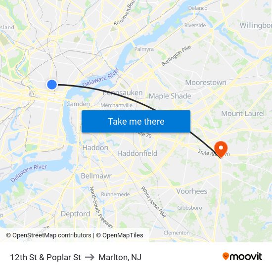 12th St & Poplar St to Marlton, NJ map