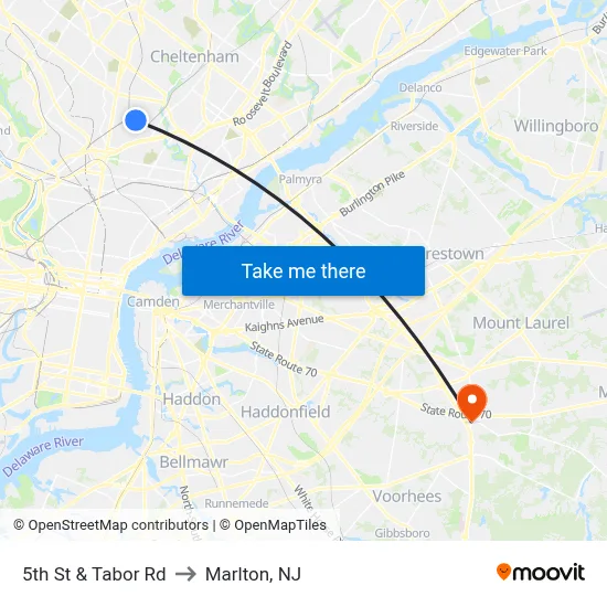 5th St & Tabor Rd to Marlton, NJ map