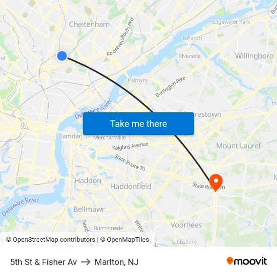 5th St & Fisher Av to Marlton, NJ map