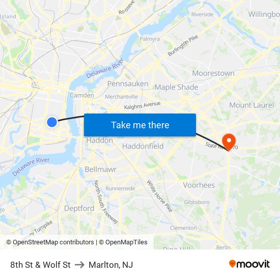 8th St & Wolf St to Marlton, NJ map
