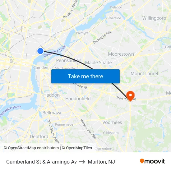 Cumberland St & Aramingo Av to Marlton, NJ map