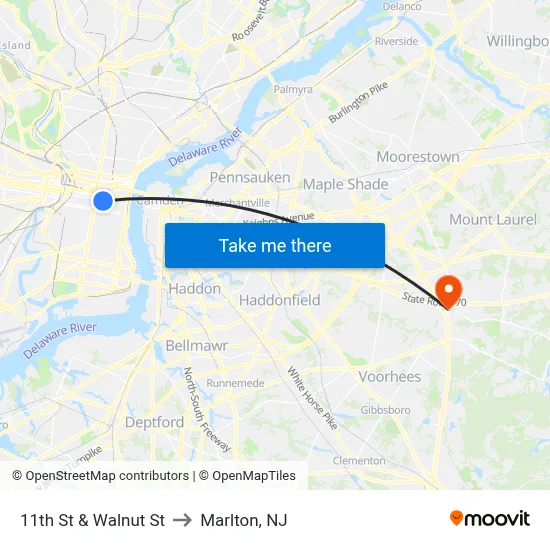 11th St & Walnut St to Marlton, NJ map