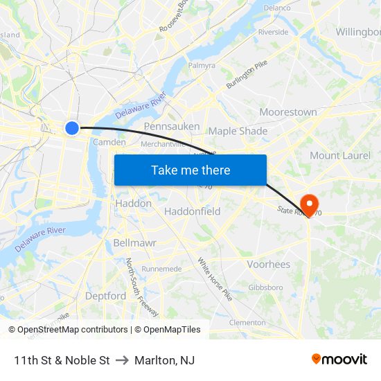 11th St & Noble St to Marlton, NJ map