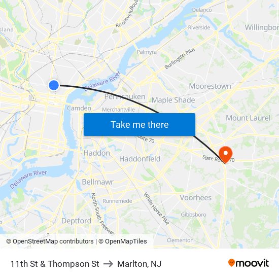 11th St & Thompson St to Marlton, NJ map