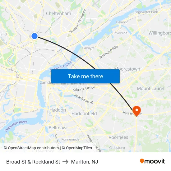 Broad St & Rockland St to Marlton, NJ map