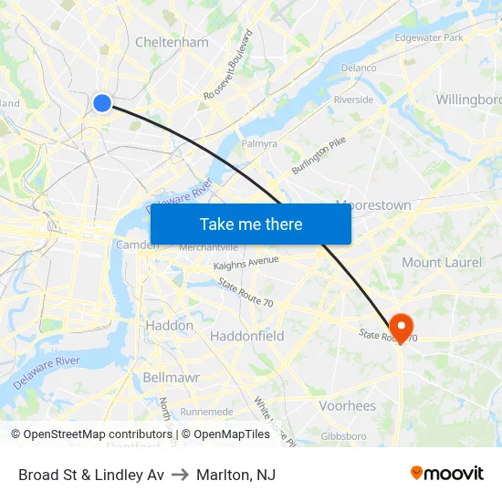 Broad St & Lindley Av to Marlton, NJ map