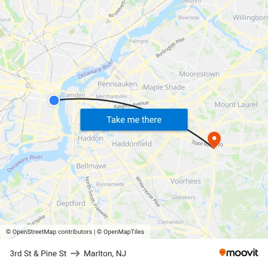 3rd St & Pine St to Marlton, NJ map