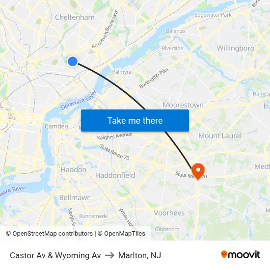 Castor Av & Wyoming Av to Marlton, NJ map