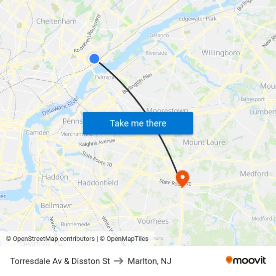 Torresdale Av & Disston St to Marlton, NJ map